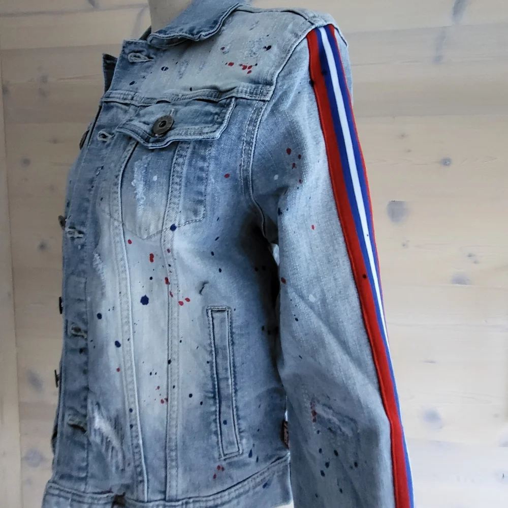 Jeff Staple Splatter Striped Distressed Denim Jean Jacket Unisex XS / W S-M, NWT